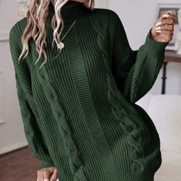 Green Casual Womens Turtleneck Cable Knit Drop Shoulder Sweater Dress - Picture 4 of 6